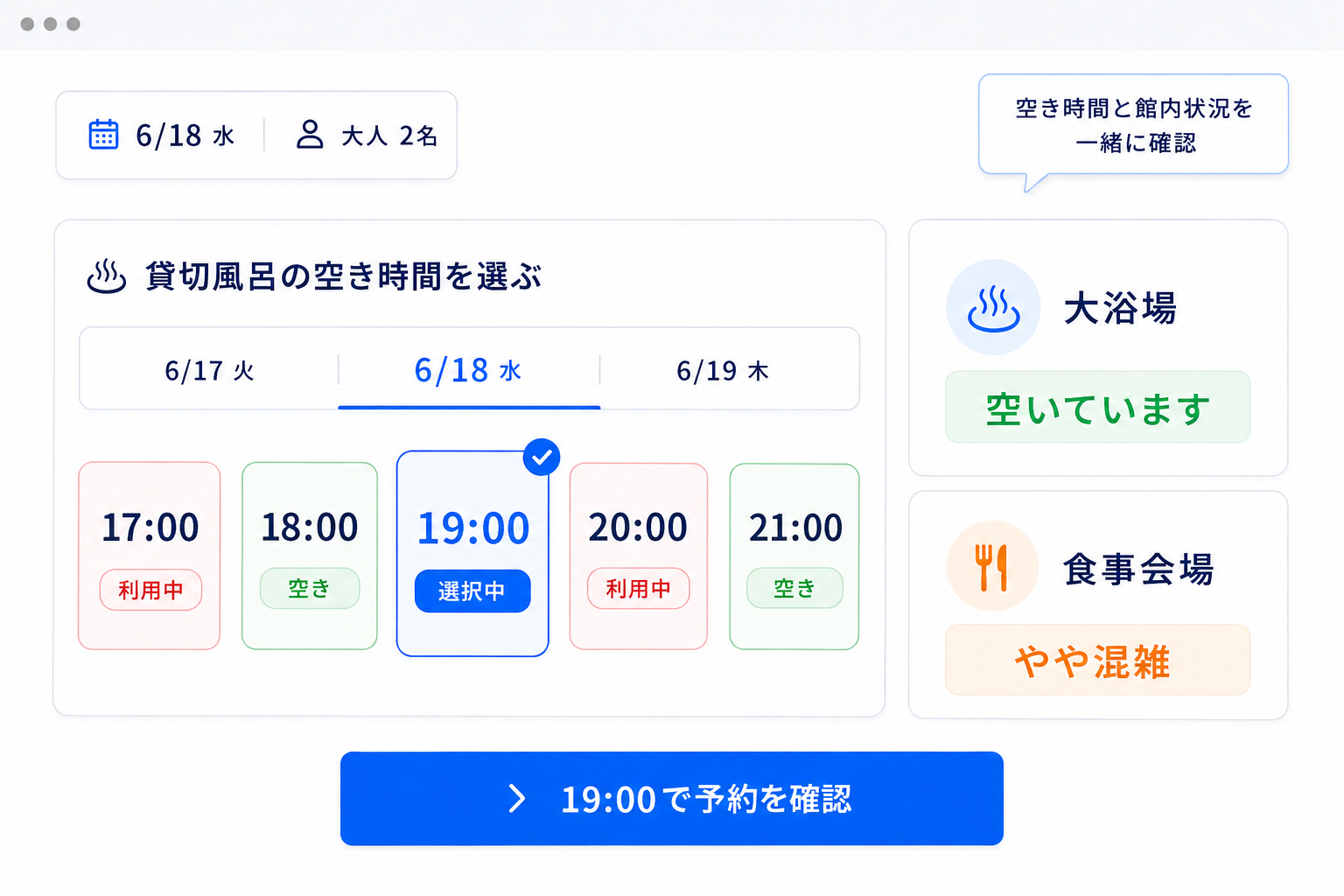 貸切風呂の空き時間と館内の混雑を確認するイメージ