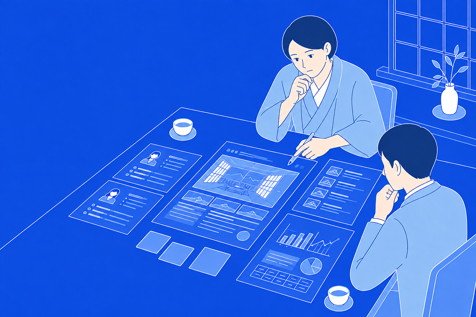 散らばった施設情報を前に優先順位を整理する担当者